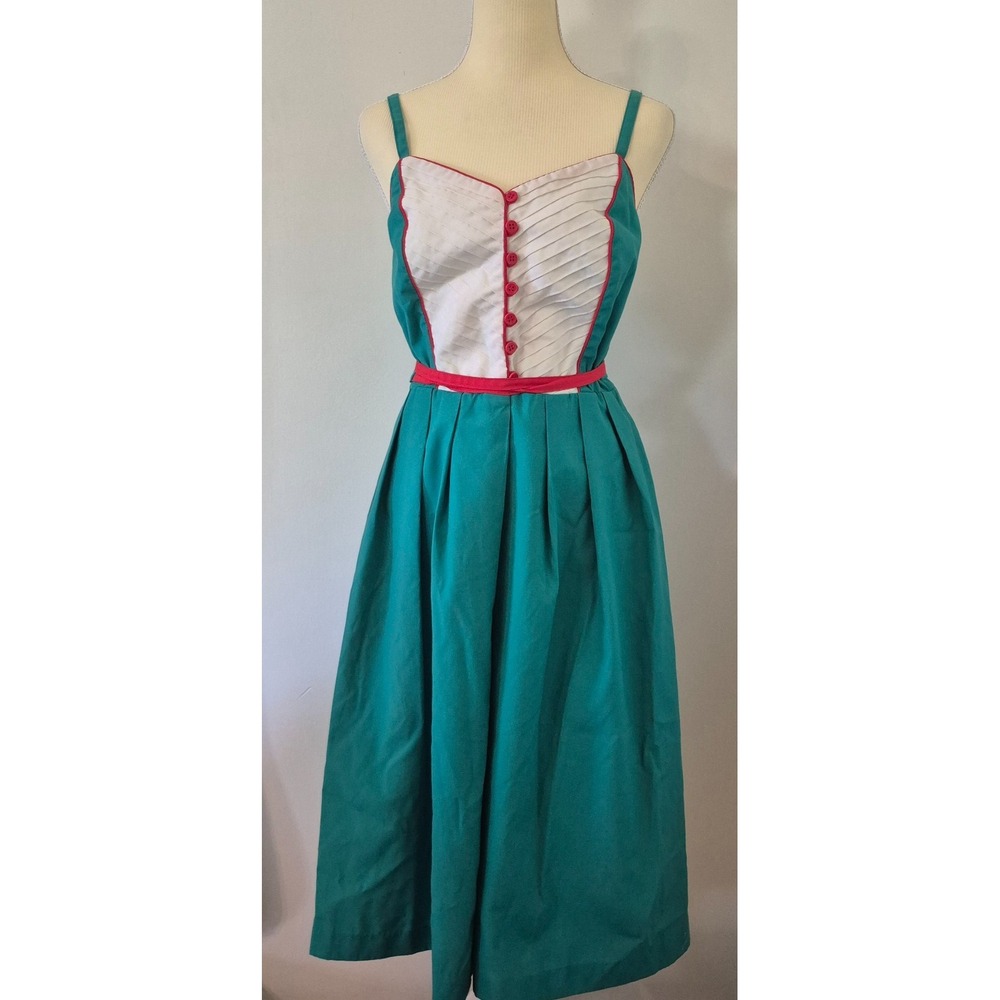 Vintage 80s ACT I Size S Pleated Midi Dress Button Front Retro Rockabilly PinUp